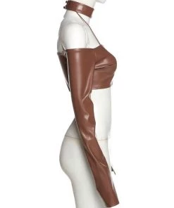 Own Saviour Tees + Tops Brown Faux Leather Crop