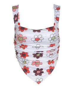 Own Saviour New In White Floral Pointed Ruched Crop