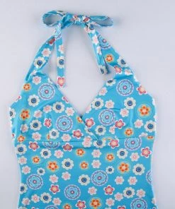 Own Saviour Blue Retro Floral Halter Dress