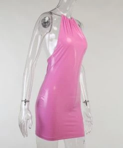 Own Saviour Pink Faux Leather Halter Mini Dress