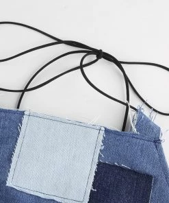 Own Saviour Patchwork Denim Halter Backless Crop Tees + Tops