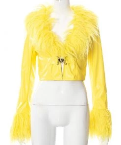 Own Saviour Yellow Faux Fur Leather Crop Jacket New In