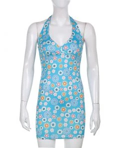 Own Saviour Blue Retro Floral Halter Dress