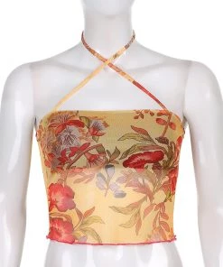 Own Saviour Floral Criss Halter Mesh Crop Tees + Tops