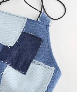 Own Saviour Patchwork Denim Halter Backless Crop Tees + Tops