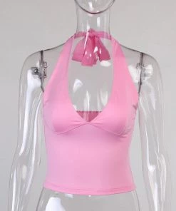 Own Saviour Pink Tie Halter Crop Tees + Tops