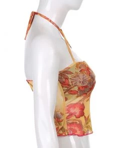 Own Saviour Floral Criss Halter Mesh Crop Tees + Tops