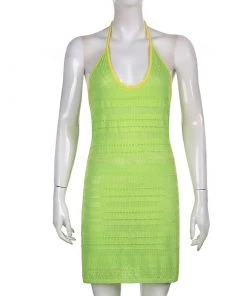 Own Saviour New In Neon Green Crochet Mini Dress