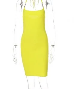 Own Saviour Yellow Chain Halter Mini Dress New In