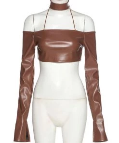 Own Saviour Tees + Tops Brown Faux Leather Crop