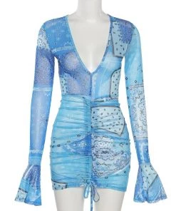 Own Saviour Blue Sheer Paisley Bandana Ruched Mini Dress