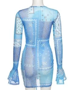 Own Saviour Blue Sheer Paisley Bandana Ruched Mini Dress