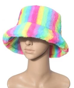 Own Saviour Rainbow Faux Fur Bucket Hat New In