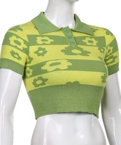 Own Saviour Green Flower Power Knit Crop Tees + Tops