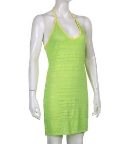 Own Saviour New In Neon Green Crochet Mini Dress