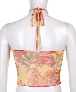 Own Saviour Floral Criss Halter Mesh Crop Tees + Tops
