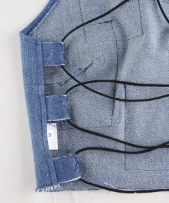 Own Saviour Patchwork Denim Halter Backless Crop Tees + Tops