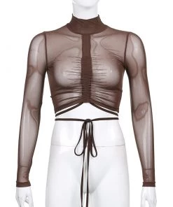 Own Saviour Tees + Tops Sheer Turtleneck Ruched Crop