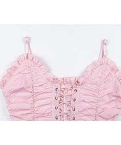 Own Saviour Tees + Tops Pink Ruched Lace Up Crop