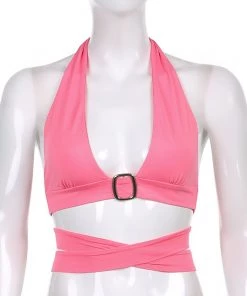 Own Saviour Pink Buckle Wrap Halter Crop