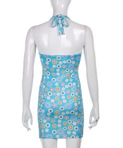 Own Saviour Blue Retro Floral Halter Dress
