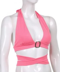 Own Saviour Pink Buckle Wrap Halter Crop