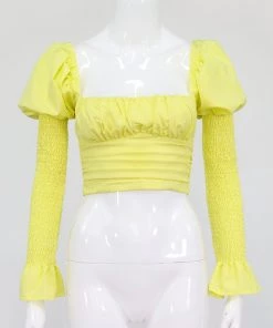 Own Saviour Puff Sleeve Ruched Crop Tees + Tops