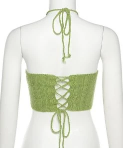 Own Saviour Green Heart Crochet Halter Crop Tees + Tops
