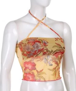Own Saviour Floral Criss Halter Mesh Crop Tees + Tops