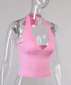 Own Saviour Pink Tie Halter Crop Tees + Tops