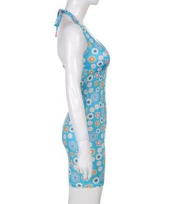 Own Saviour Blue Retro Floral Halter Dress