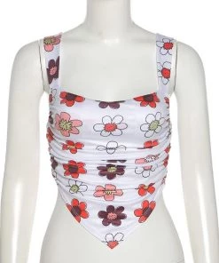 Own Saviour New In White Floral Pointed Ruched Crop