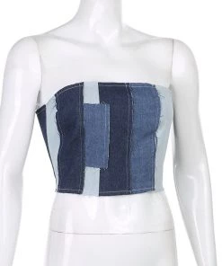 Own Saviour Tees + Tops Denim Patchwork Bustier Crop