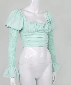 Own Saviour Puff Sleeve Ruched Crop Tees + Tops