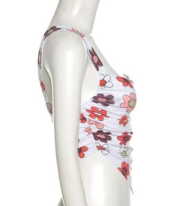 Own Saviour New In White Floral Pointed Ruched Crop