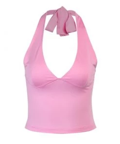 Own Saviour Pink Tie Halter Crop Tees + Tops