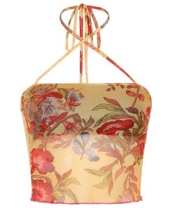 Own Saviour Floral Criss Halter Mesh Crop Tees + Tops