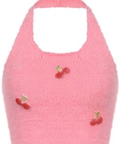 Own Saviour New In Pink Knitted Strawberry Halter Crop