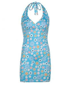 Own Saviour Blue Retro Floral Halter Dress