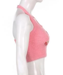 Own Saviour New In Pink Knitted Strawberry Halter Crop