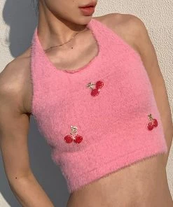 Own Saviour New In Pink Knitted Strawberry Halter Crop