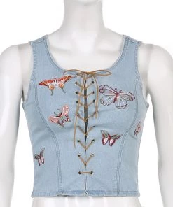 Own Saviour New In Denim Butterfly Tie Up Crop