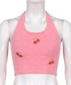 Own Saviour New In Pink Knitted Strawberry Halter Crop