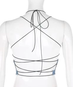 Own Saviour Patchwork Denim Halter Backless Crop Tees + Tops