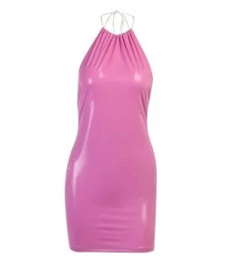 Own Saviour Pink Faux Leather Halter Mini Dress