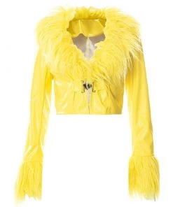 Own Saviour Yellow Faux Fur Leather Crop Jacket New In