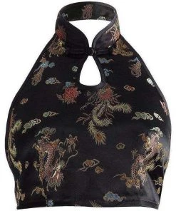 Own Saviour Chinese-Style Halter Backless Crop Tees + Tops