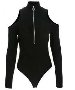 Own Saviour Cold Shoulder Zipper Bodysuit Bodysuits