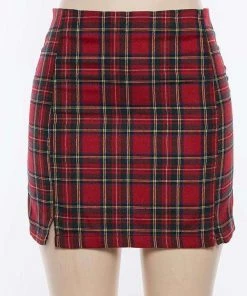 Own Saviour Red Plaid Split Skirt