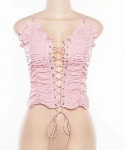 Own Saviour Tees + Tops Pink Ruched Lace Up Crop